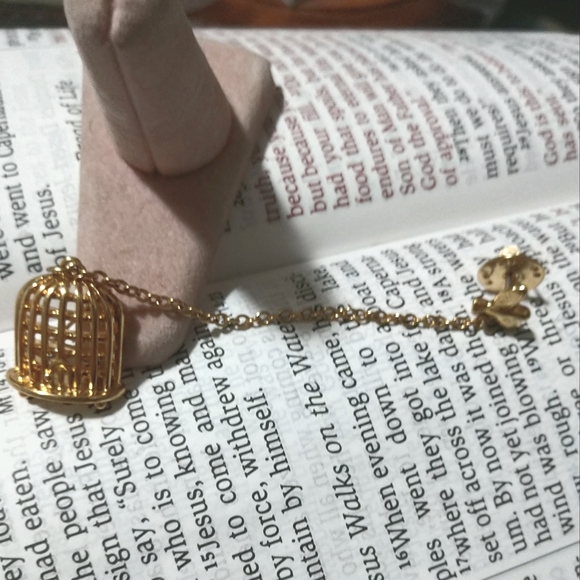 Vintage Designer Monet Chain Lapel Brooch/Pin Bird Cage with Bird on End  - Picture 5 of 11
